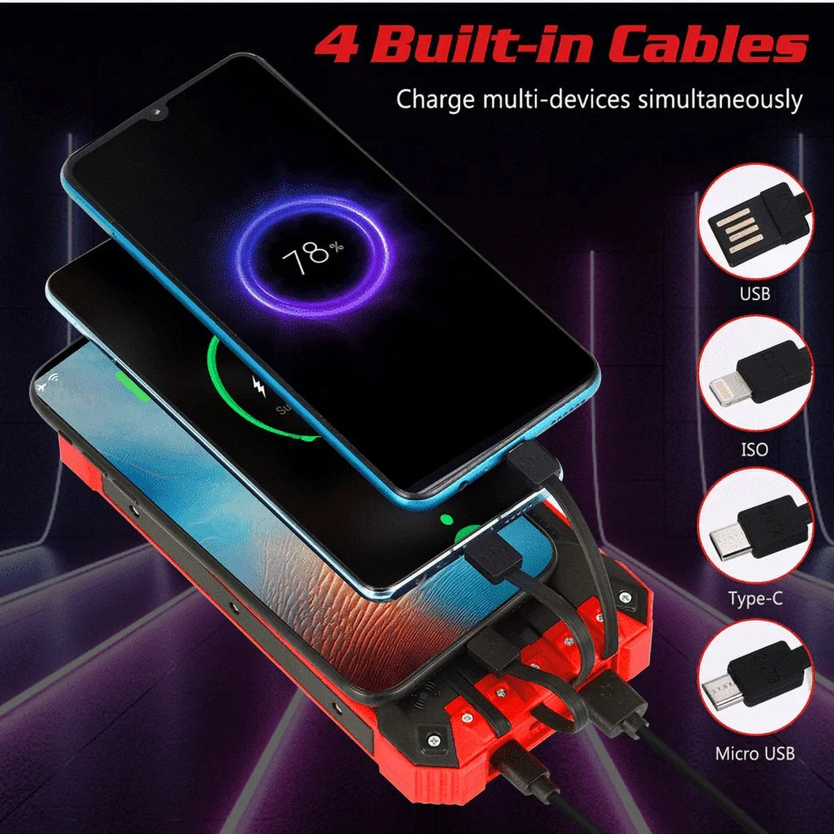 6 4 20000mAh Flashlight Cables Power Waterproof LED Solar IPX4 Outputs External Battery Qi Ulefone C Charger Built-in with Bank For Inputs Armor Solar 9 15W USB 3 Wireless Port Portable 5V/3A
