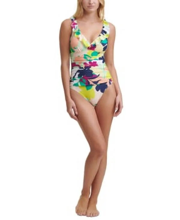 Ruffled NAVY Printed MULTI DKNY One US Piece Swimsuit, 4