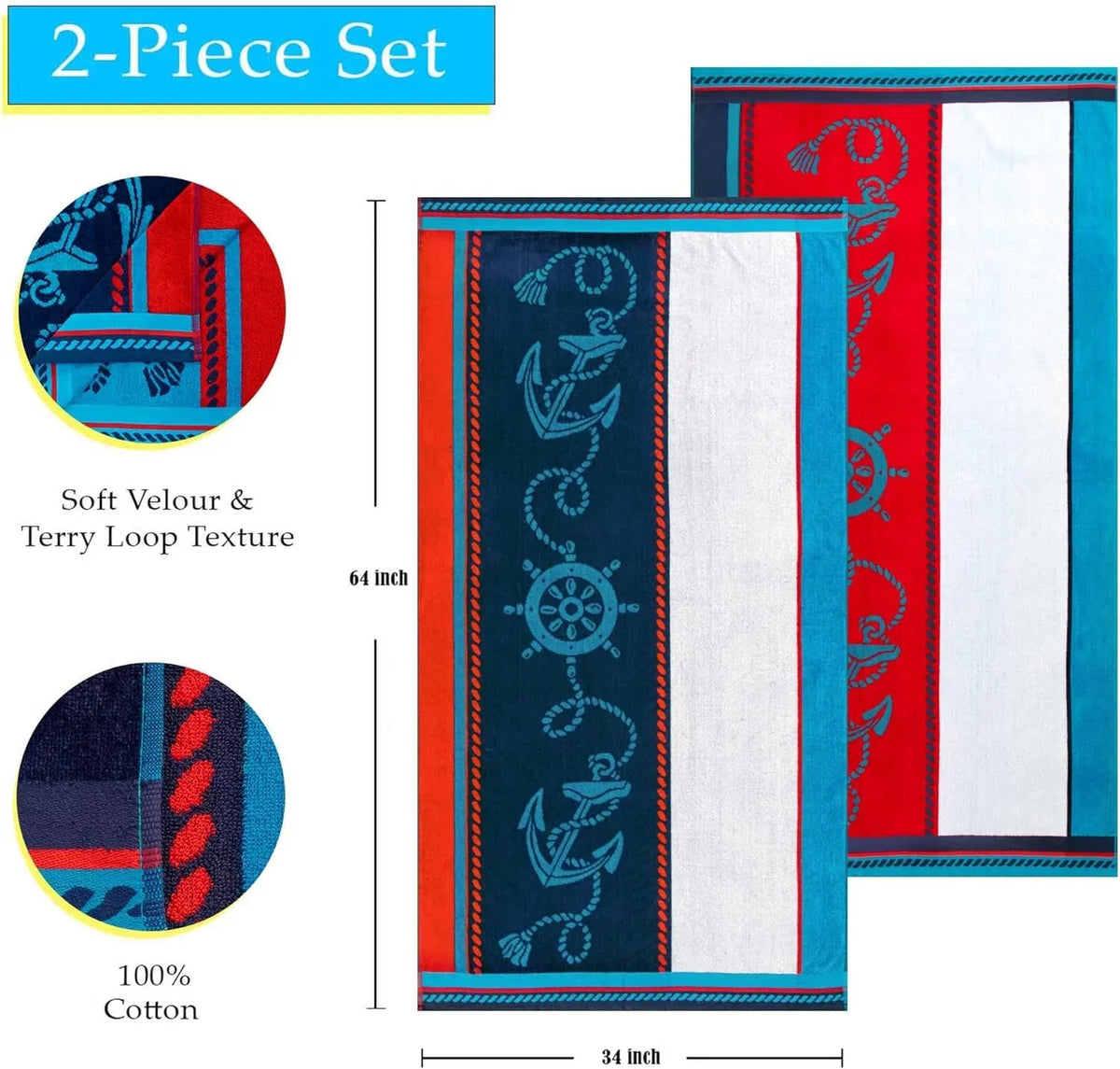 Shower, Quick For Striped Piece Beach Set Travel, Collection, Pool, Absorbent, X Bathroom, Blue/Red/White, Cotton Adults, Dry, Swimming, 2 64", Camping, Sailing Kids, 34" Vacation, Towel
