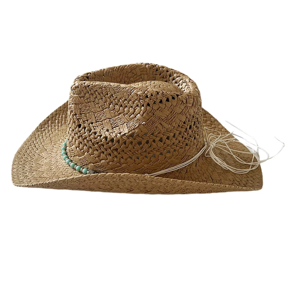 Women Sunshade Cowboy Hats Beach Hat With for Vintage Belt Men Keevoom Straw Bead