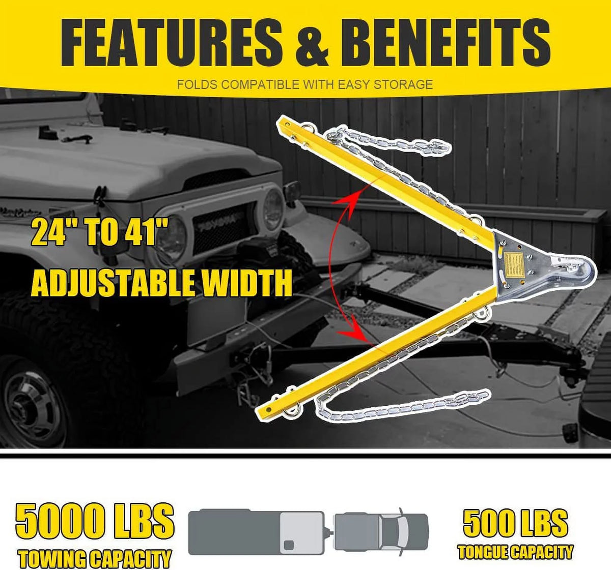 Adjustable Towing w/Chains HPDAVV Bar Compatible Tow Jeep with Kit / Yellow Adjustable System Tow Car Bar RV 5000lb Mount Truck Bumper