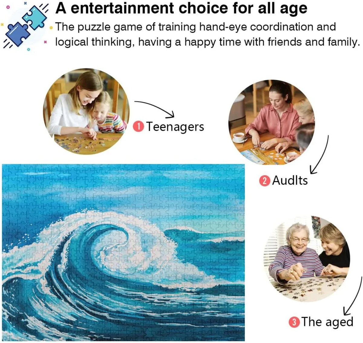 and Puzzle Box, on Reduce with Printed in SKYSONIC of Sea a Cooperation,for Kids(20.5x14.9In) Happy a (5) Adults of Time Letters Pcs Difficulty, Waves Irregular Back Colored to 1000