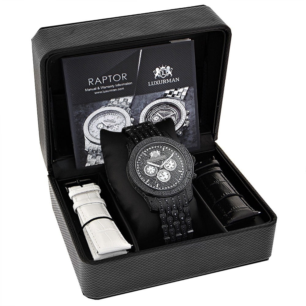 Band Stainless Quartz Strap Extra Black Metal plus Leather Accent Men's Diamond Steel Watch