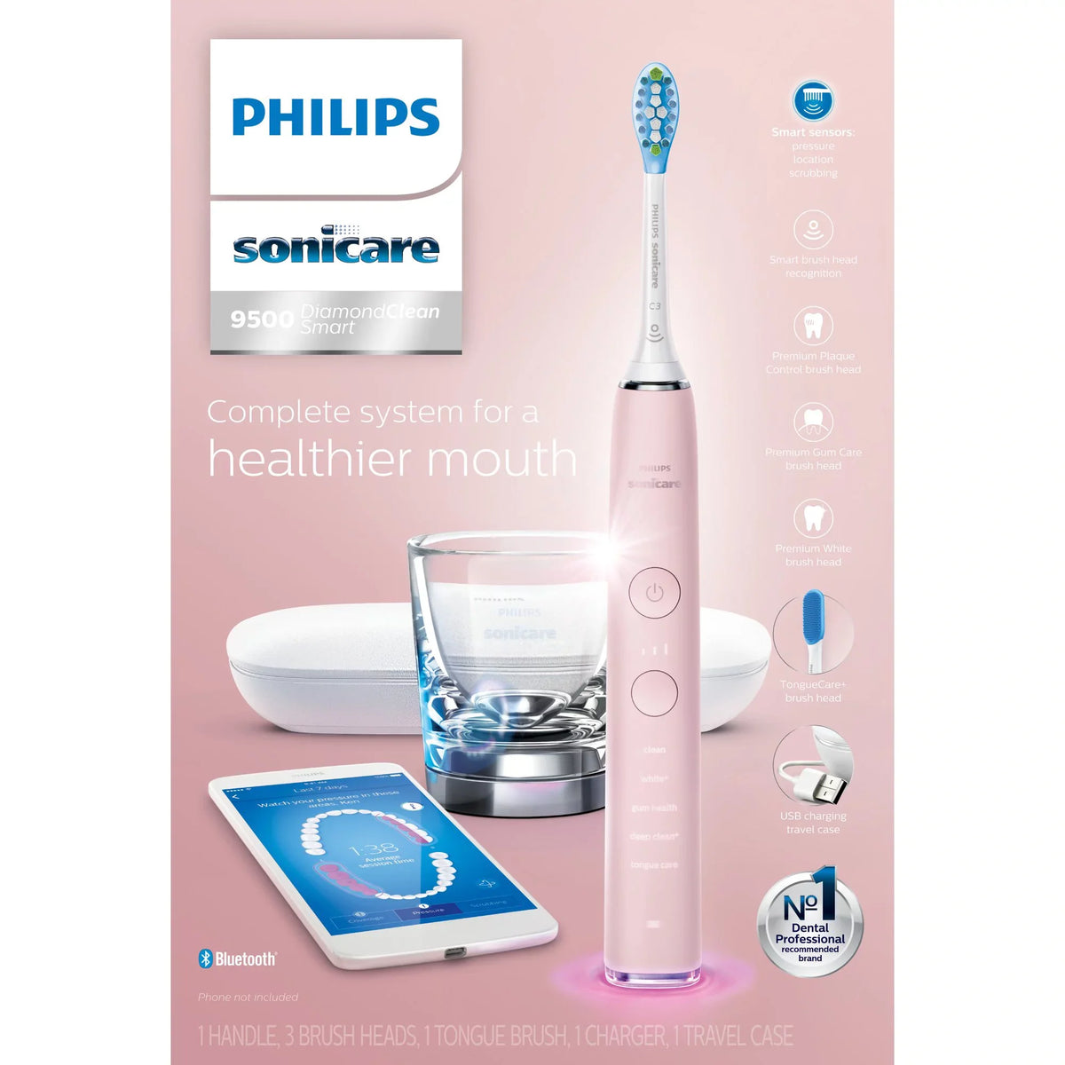 Toothbrush, Pink, Electric 9500 Philips Power Sonicare Rechargeable Smart HX9924/21 DiamondClean