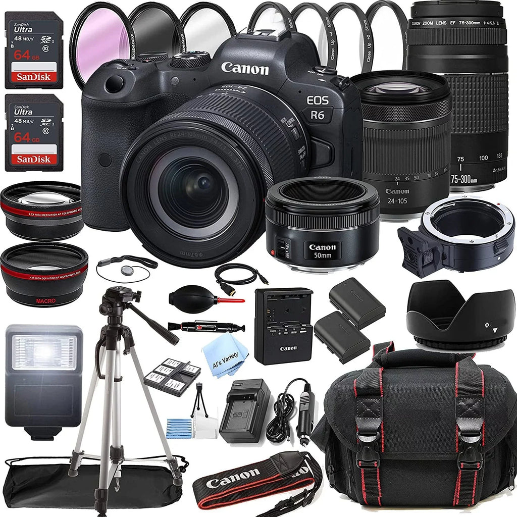 f/4-7.1 Case Memory Lens Lens F/4-5.6 III 75-300mm EOS Lens 128GB 43pc Mirrorless Tripod + Digital RF 24-105mm + f/1.8 Bundle STM STM Filters with + + Canon + 50mm Camera + R6