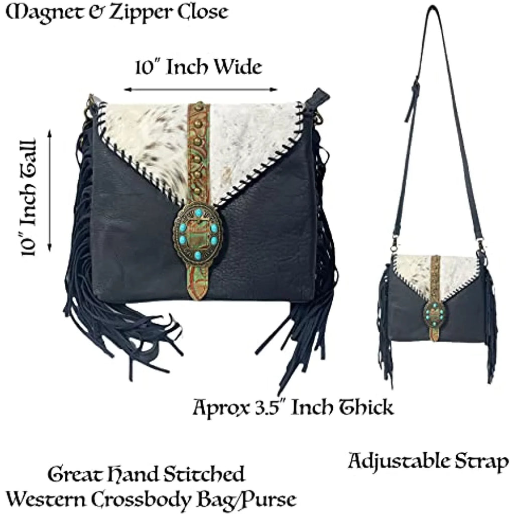 Fringe Urbalabs Bag Tote Tooled Buckle Stitched Leather Teal (Blue) Western Cowhair Messenger Stone Hand Purses Crossbody