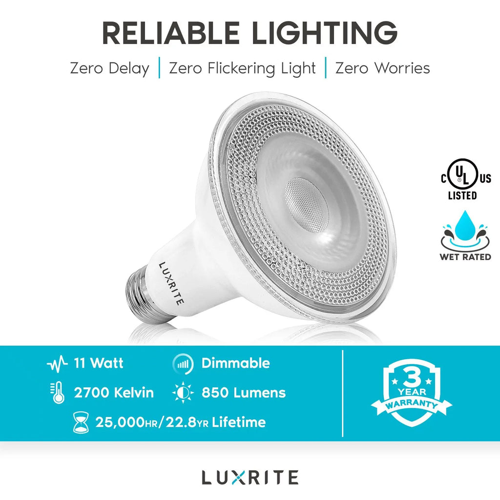 UL White LED 850 2700K PAR30 Lumens Flood Base Wet Light Rated Bulb Luxrite 11W Warm 12-Pack Listed E26 Dimmable