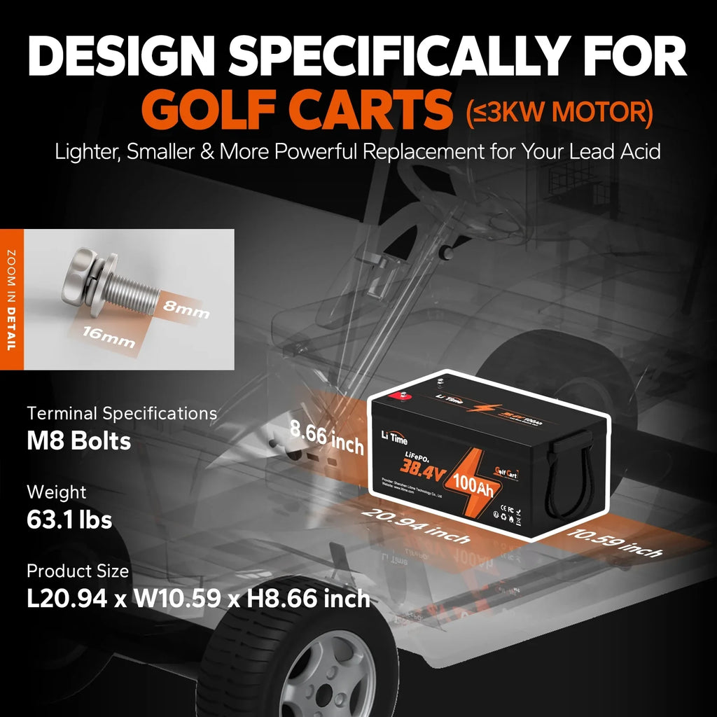 Cart, Cycle, Support Trolling 15000 36V 200A LiTime Golf RV, 7.68kW Power LiFePO4 GC2 BMS, Lawn Max. Lithium Discharge, and Built-in Perfect Golf Max. 100Ah Battery, Mower Deep Motor, 2C Cart for
