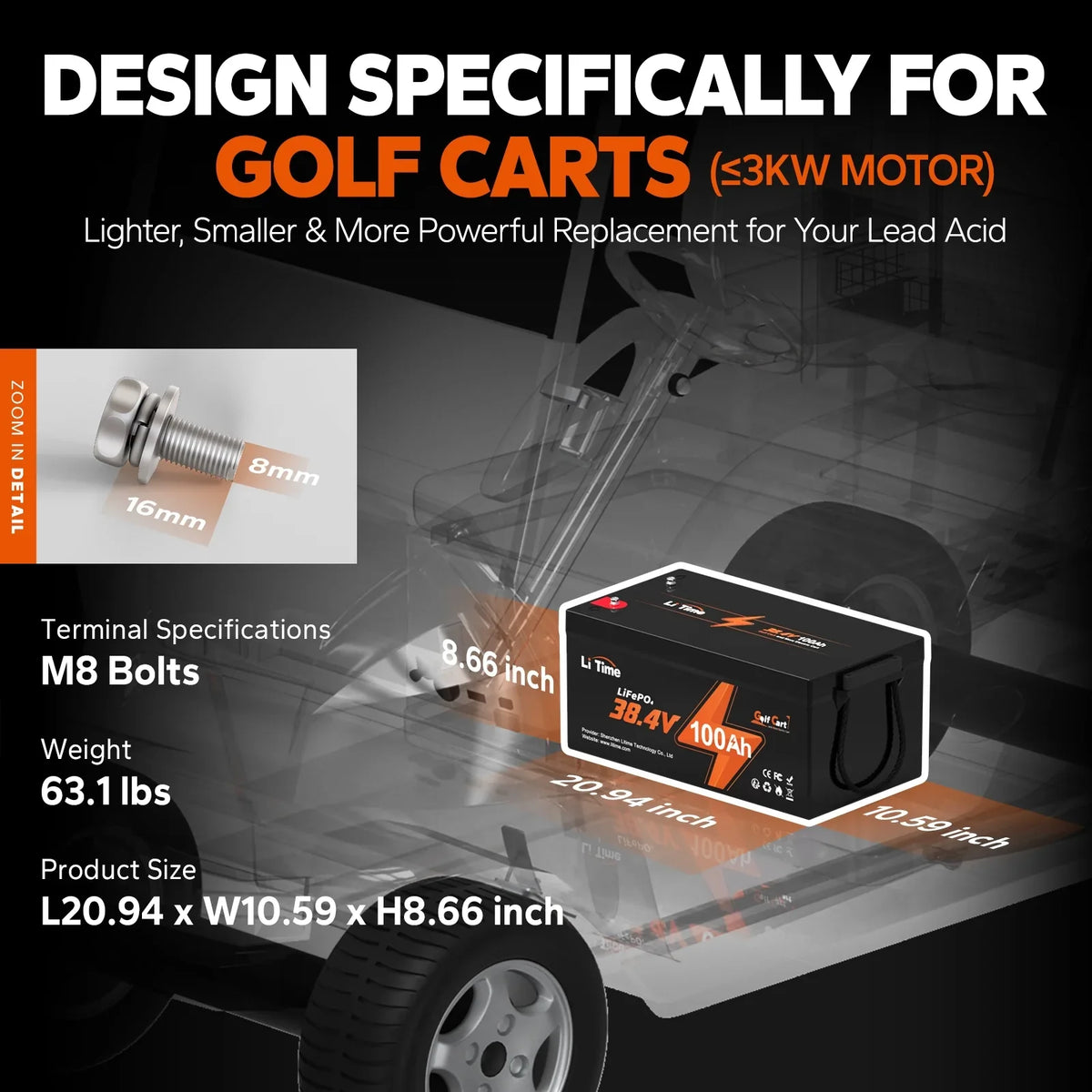 Cart, Cycle, Support Trolling 15000 36V 200A LiTime Golf RV, 7.68kW Power LiFePO4 GC2 BMS, Lawn Max. Lithium Discharge, and Built-in Perfect Golf Max. 100Ah Battery, Mower Deep Motor, 2C Cart for