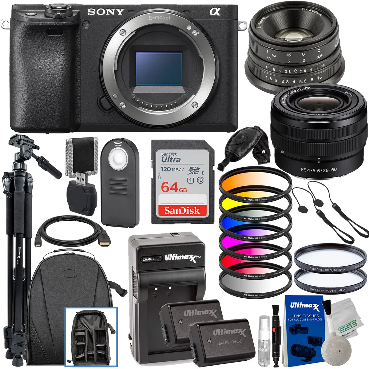 a6400 FE Digital 72” Manual 64GB & Camera Alpha More f/4-5.6 Lens Deluxe with 28-60mm Accessory f/1.8 Lightweight Lens Tripod Mirrorless Ultra Bundle: + & Ultimaxx Much SDXC, 25mm SanDisk