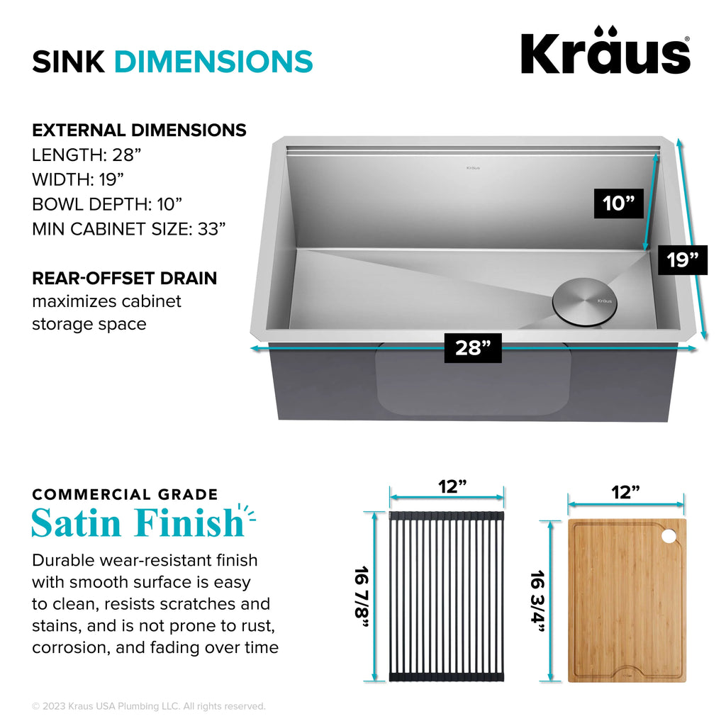 16 Kore Single 28Undermount Steel with Accessories Sink Workstation Kitchen Stainless Kraus Bowl Gauge