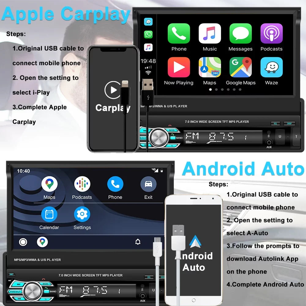 Backup Camera Auto Android Radio Auto with Car Touchscreen HD DIN Player Bluetooth Stereo Carplay 1 Link Function, Universal FM Mirror 7" LED Retractable 12 Podofo Single Video
