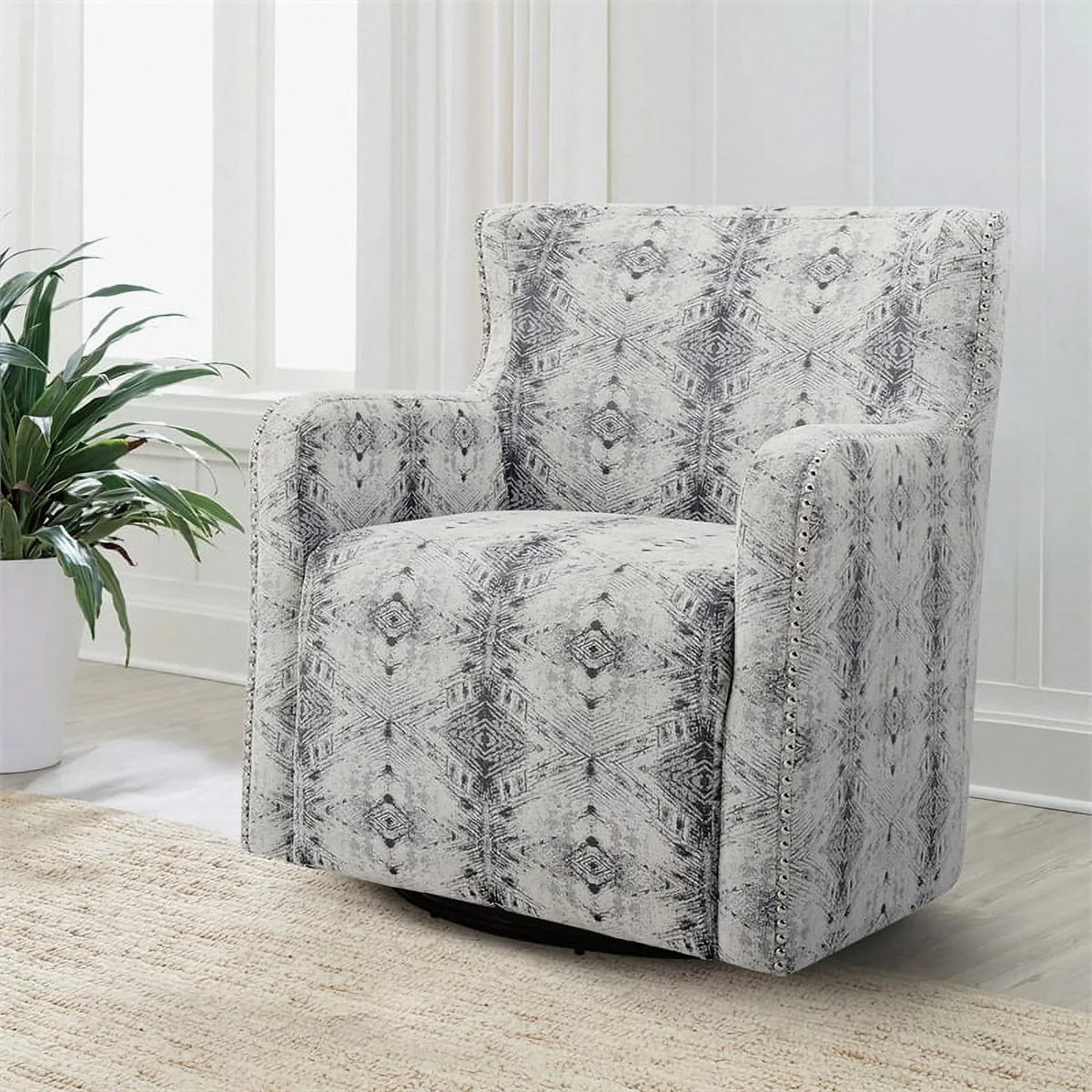 Contemporary Swivel in 30" Lonita Off Chair Geometric Lexicon White Chenille