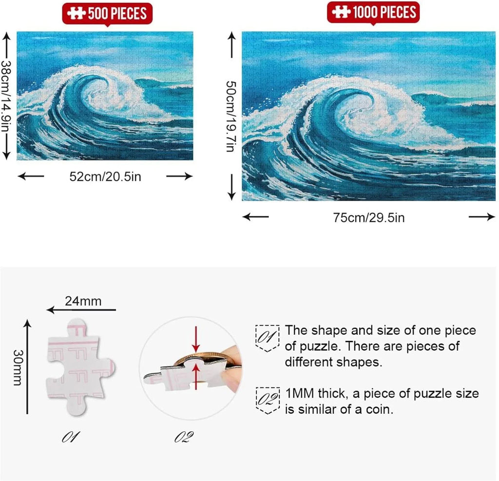 and Puzzle Box, on Reduce with Printed in SKYSONIC of Sea a Cooperation,for Kids(20.5x14.9In) Happy a (5) Adults of Time Letters Pcs Difficulty, Waves Irregular Back Colored to 1000