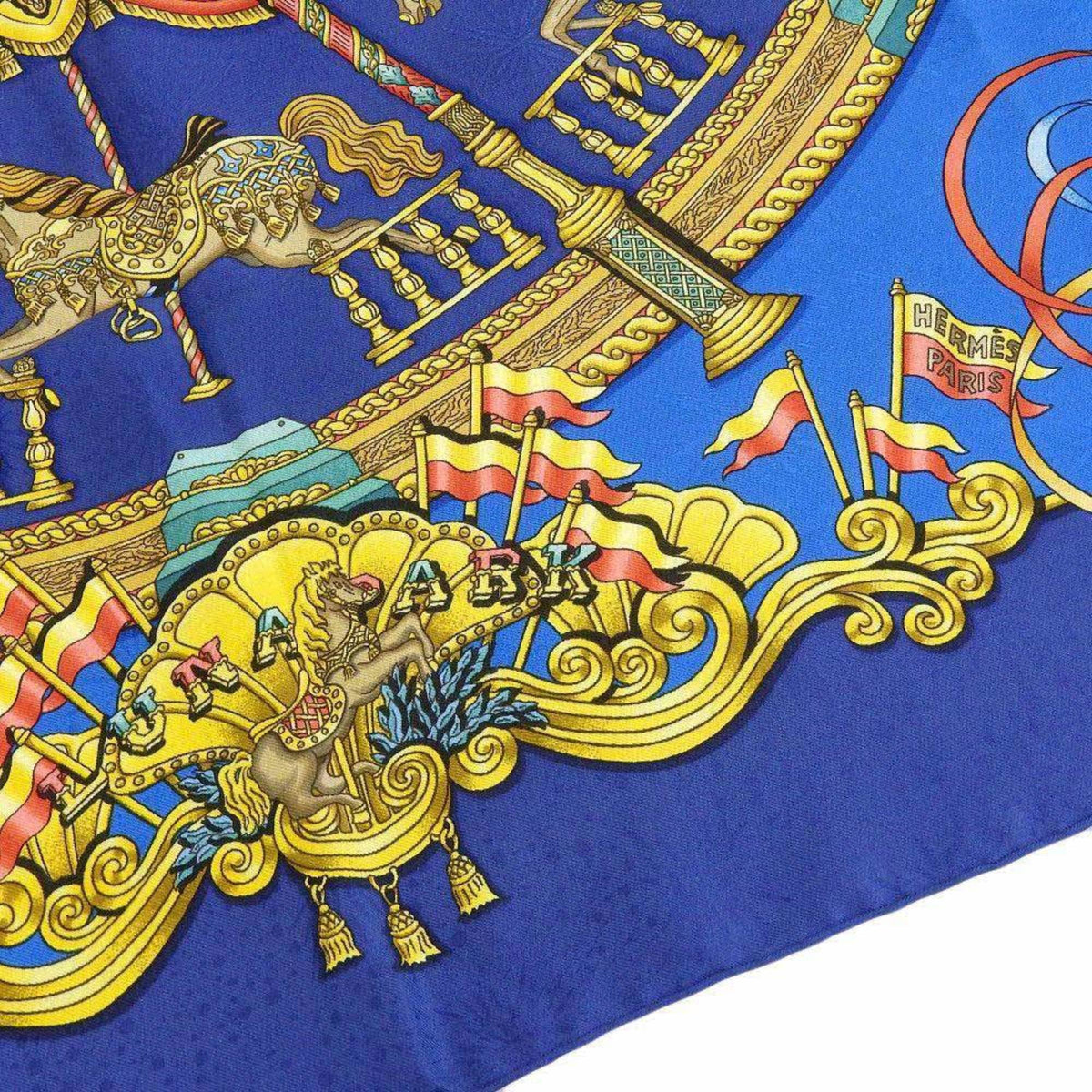 (Good) KARE90 HERMES Silk Pre-Owned Carousel Horse Park Scarf PARK LUNA Blue Amusement Muffler