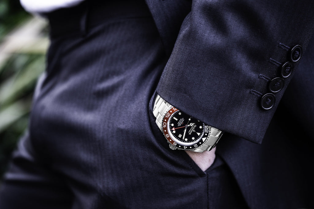 1250M Explorer Red Movement Pro Oceaneva™ Steel Men's Deep GMT and Swiss Diver Watch Stainless Quartz, Black- Marine Bracelet