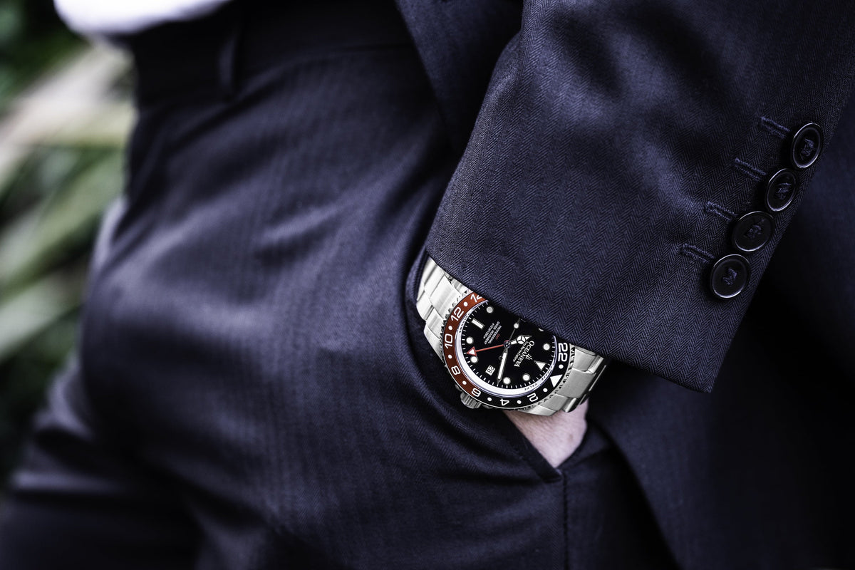 1250M Explorer Red Movement Pro Oceaneva™ Steel Men's Deep GMT and Swiss Diver Watch Stainless Quartz, Black- Marine Bracelet