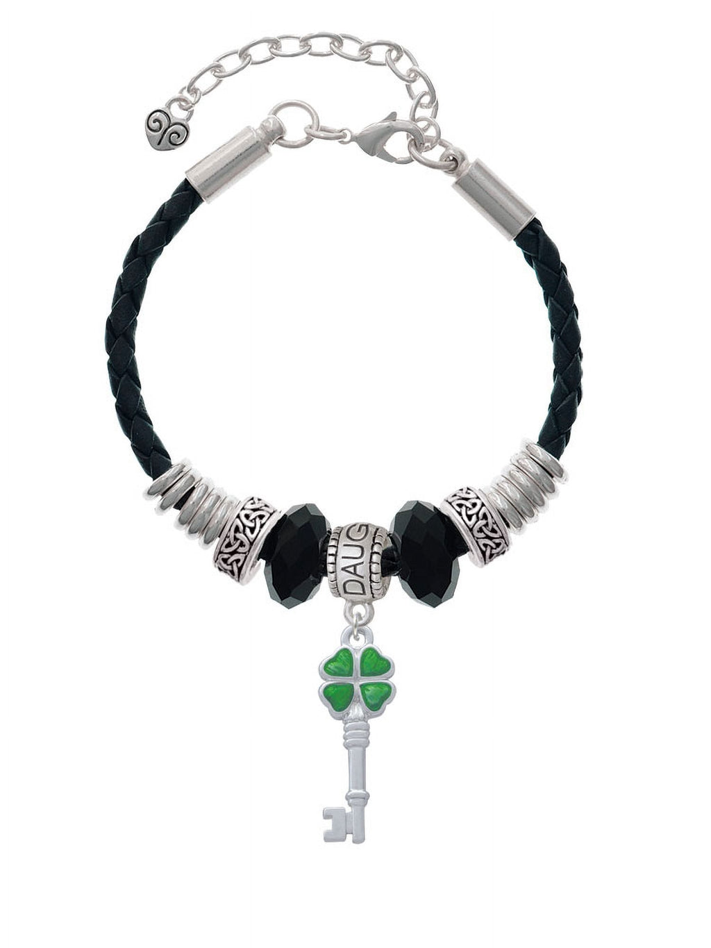 Key Jewelry Daughter Delight Leaf 7"+2" Green Silvertone Translucent Leather Bead Bracelet, Clover Lucky Knot Celtic Extender Four