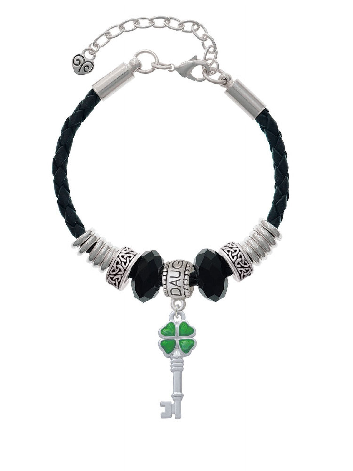 Key Jewelry Daughter Delight Leaf 7"+2" Green Silvertone Translucent Leather Bead Bracelet, Clover Lucky Knot Celtic Extender Four