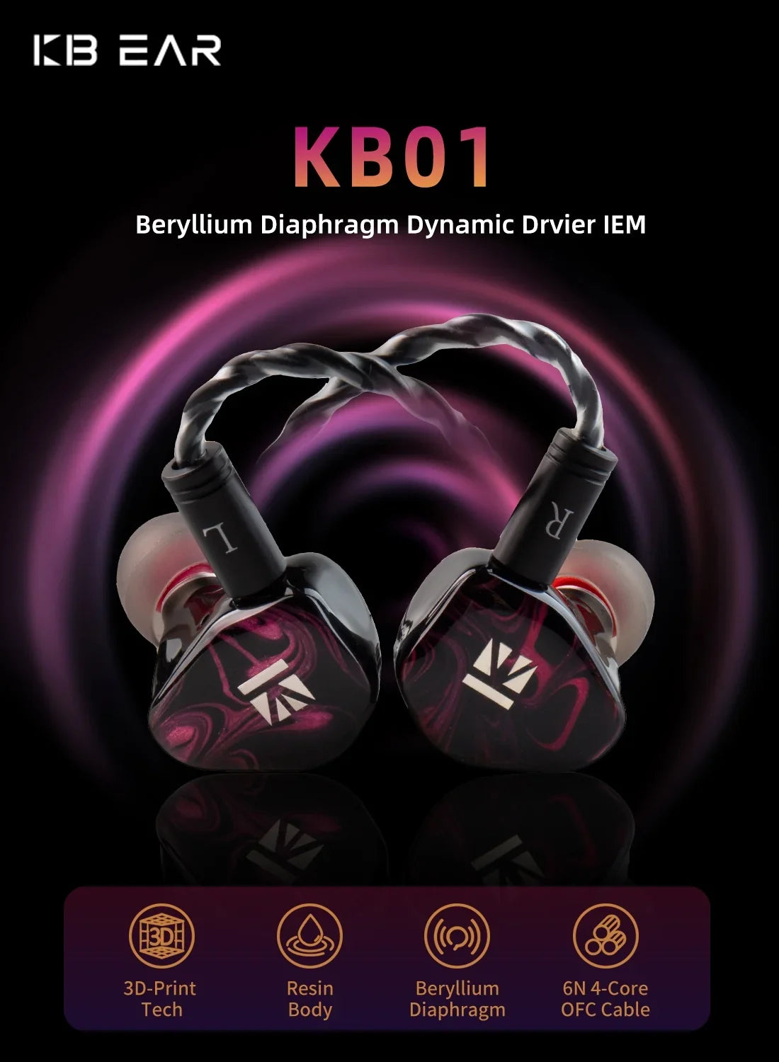 Headset Drvier Beryllium Music KBEAR Monitor Headphones In Diaphragm HIFI Dynamic Ear Earbuds Wired IEM KB01 Sport 10MM Earphone
