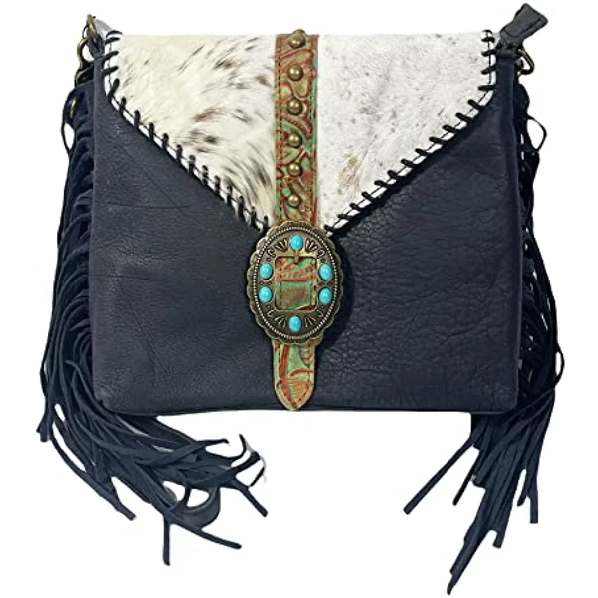 Fringe Urbalabs Bag Tote Tooled Buckle Stitched Leather Teal (Blue) Western Cowhair Messenger Stone Hand Purses Crossbody