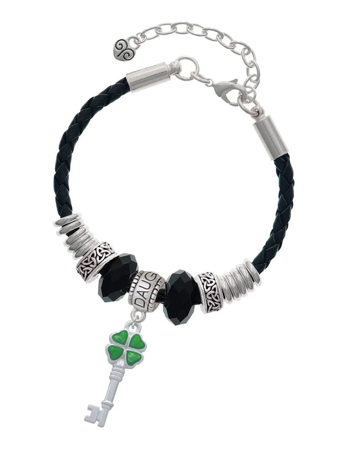 Key Jewelry Daughter Delight Leaf 7"+2" Green Silvertone Translucent Leather Bead Bracelet, Clover Lucky Knot Celtic Extender Four