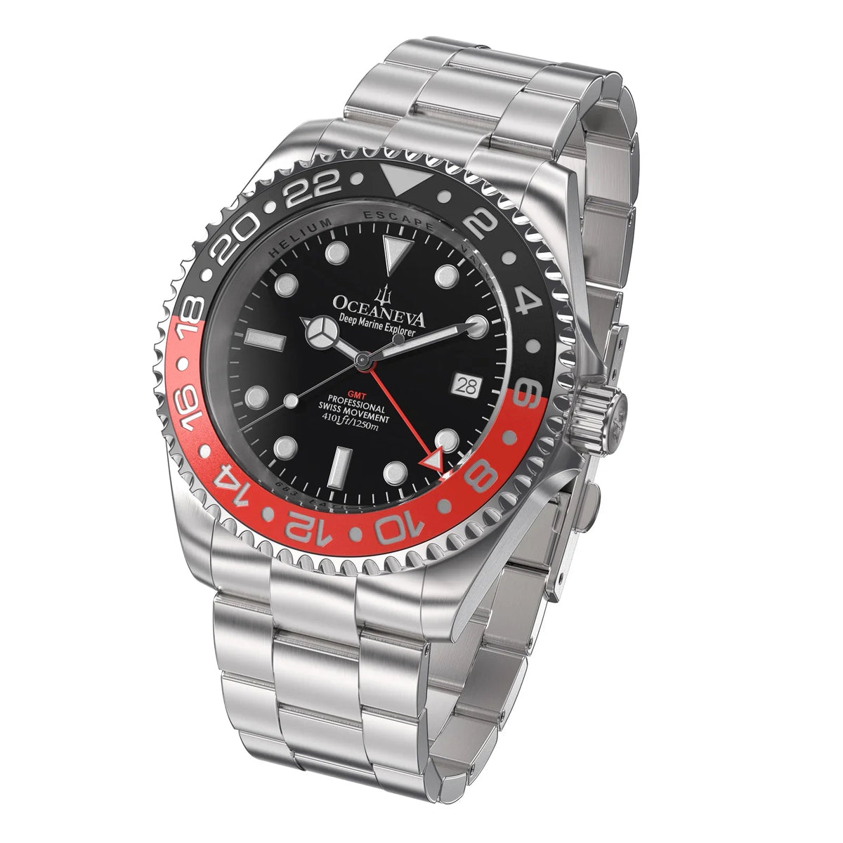 1250M Explorer Red Movement Pro Oceaneva™ Steel Men's Deep GMT and Swiss Diver Watch Stainless Quartz, Black- Marine Bracelet
