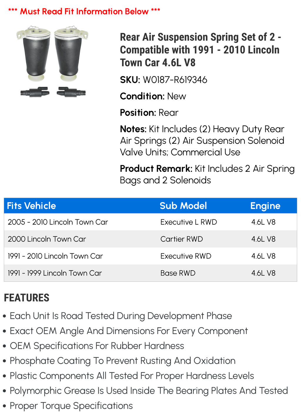 Rear Compatible Set 1998 2005 2006 Suspension 2000 1993 of 2007 1995 2002 1994 Town 1996 1997 2003 V8 2 Spring 2010 1991 Car 1992 2004 1999 4.6L with 2008 2001 Air - - Lincoln 2009