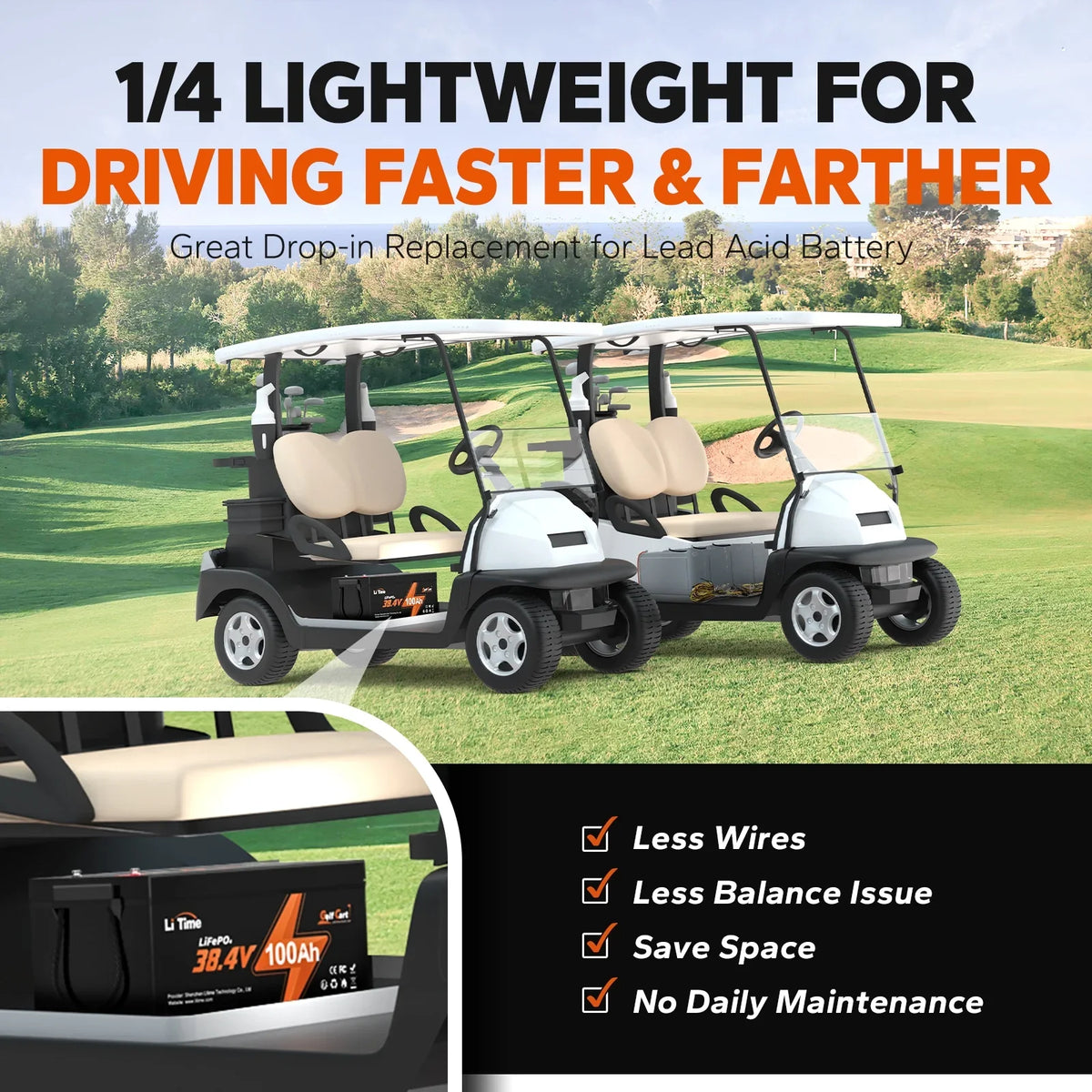 Cart, Cycle, Support Trolling 15000 36V 200A LiTime Golf RV, 7.68kW Power LiFePO4 GC2 BMS, Lawn Max. Lithium Discharge, and Built-in Perfect Golf Max. 100Ah Battery, Mower Deep Motor, 2C Cart for