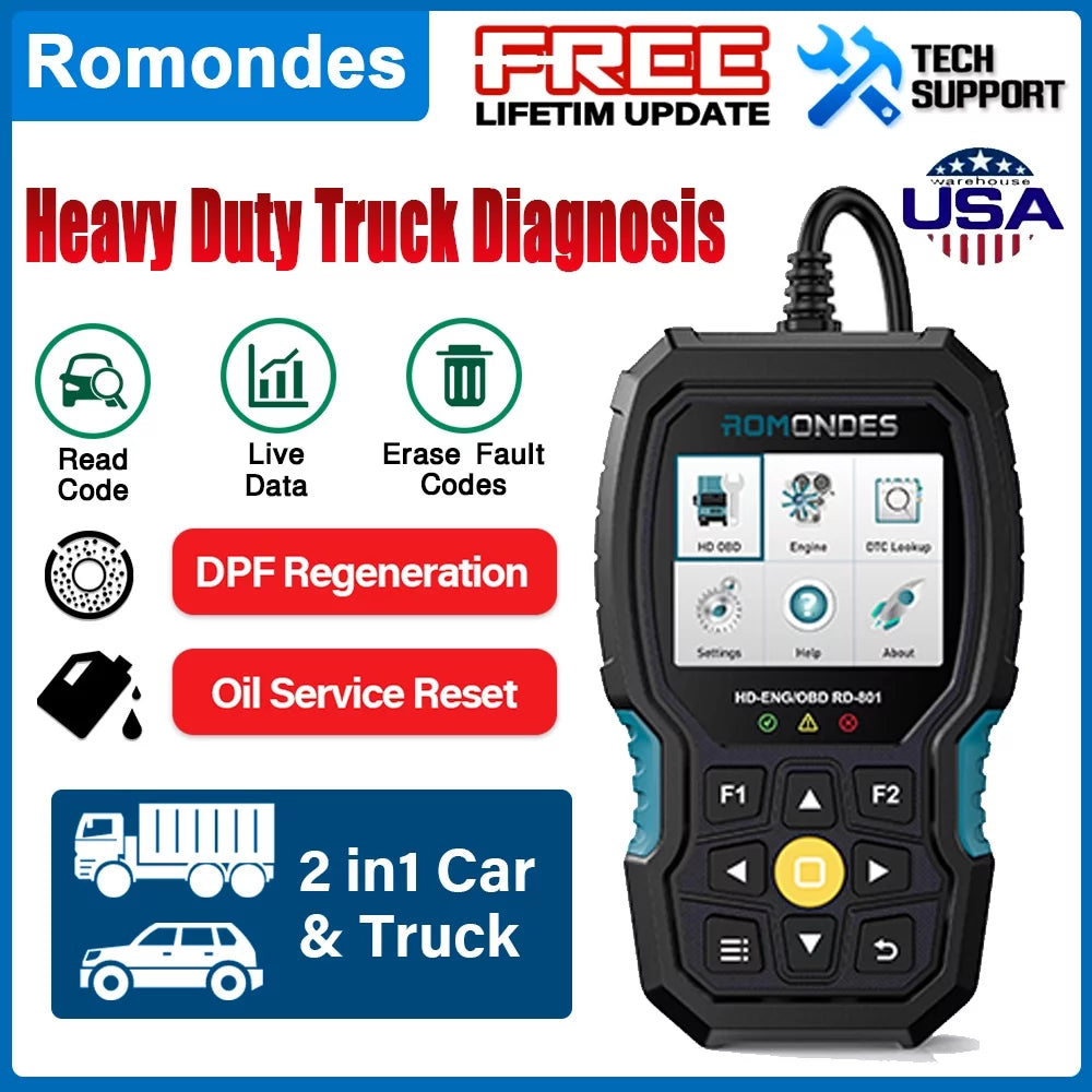 HD Scanner Diagnostic HD Scan Scanner Reader OBD OBD2 All Oil RD901 Car Romondes Duty Diesel Heavy System Code Duty in Light Tool DPF 2 Truck Reset Tool EOBD 1 Truck with OBD Heavy