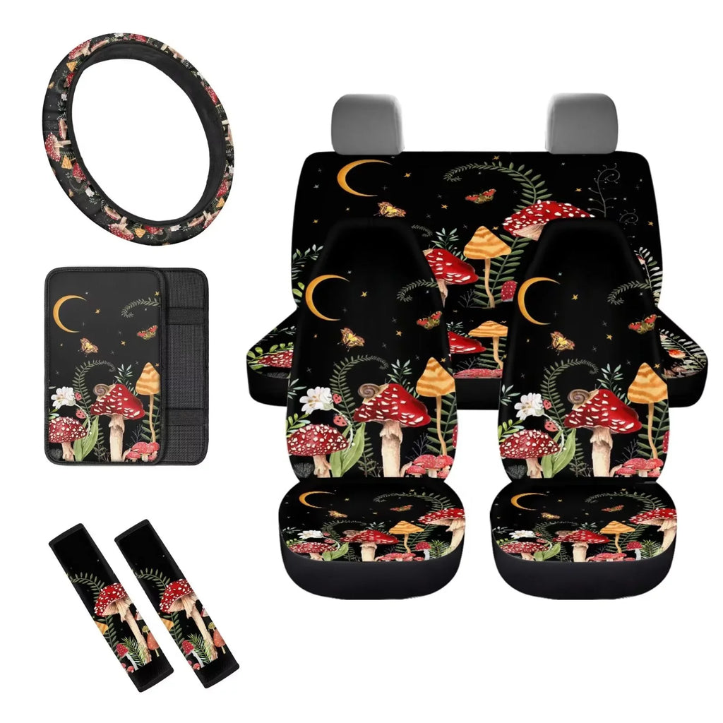 Interior Pad+Front Console 8-Van Seat Accessories Settring Blanket Saddle Cover Seatbelt AestheticMushroom Binienty Print Pad+Center Car Set Wheel of Sedan Back Cover+Auto Cover