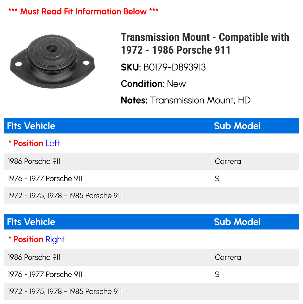 1981 1972 1975 1982 1978 1977 1986 1983 Mount Compatible 1980 - Porsche 1979 911 1985 Transmission with 1974 1984 1976 - 1973