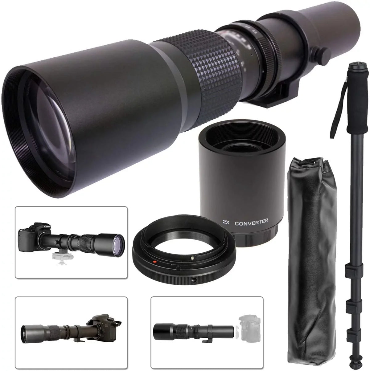 Teleconverter) 500mm Monopod (with & Olympus Manual Bag Four Super f/8 for Digital Cameras Telephoto / Lens + Optics T-Mount Lens 2X 1000mm Thirds Evolt Commander +