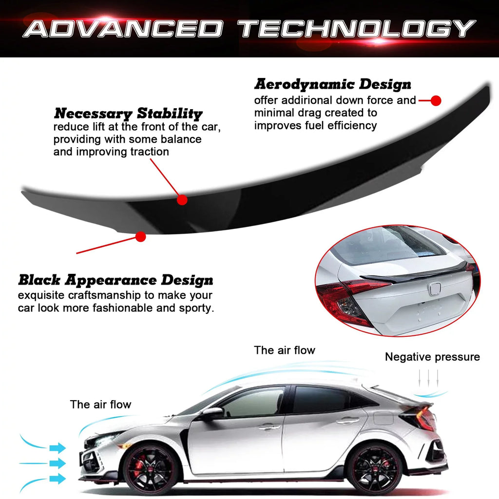 Tech 4DR Compatible 10th Spoiler Black Lip Wing with Xotic Glossy Trunk Rear Civic 2016-2021 JDM design Gen Honda