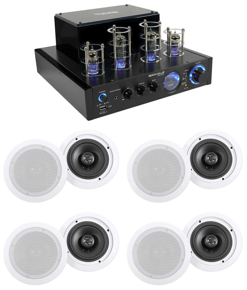 LED Receiver+(8) Ceiling 6.5" Theater Amp/Home Rockville White Speakers Tube