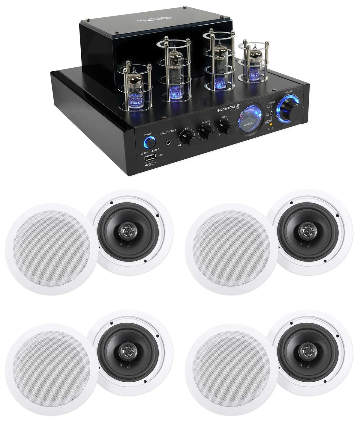 LED Receiver+(8) Ceiling 6.5" Theater Amp/Home Rockville White Speakers Tube