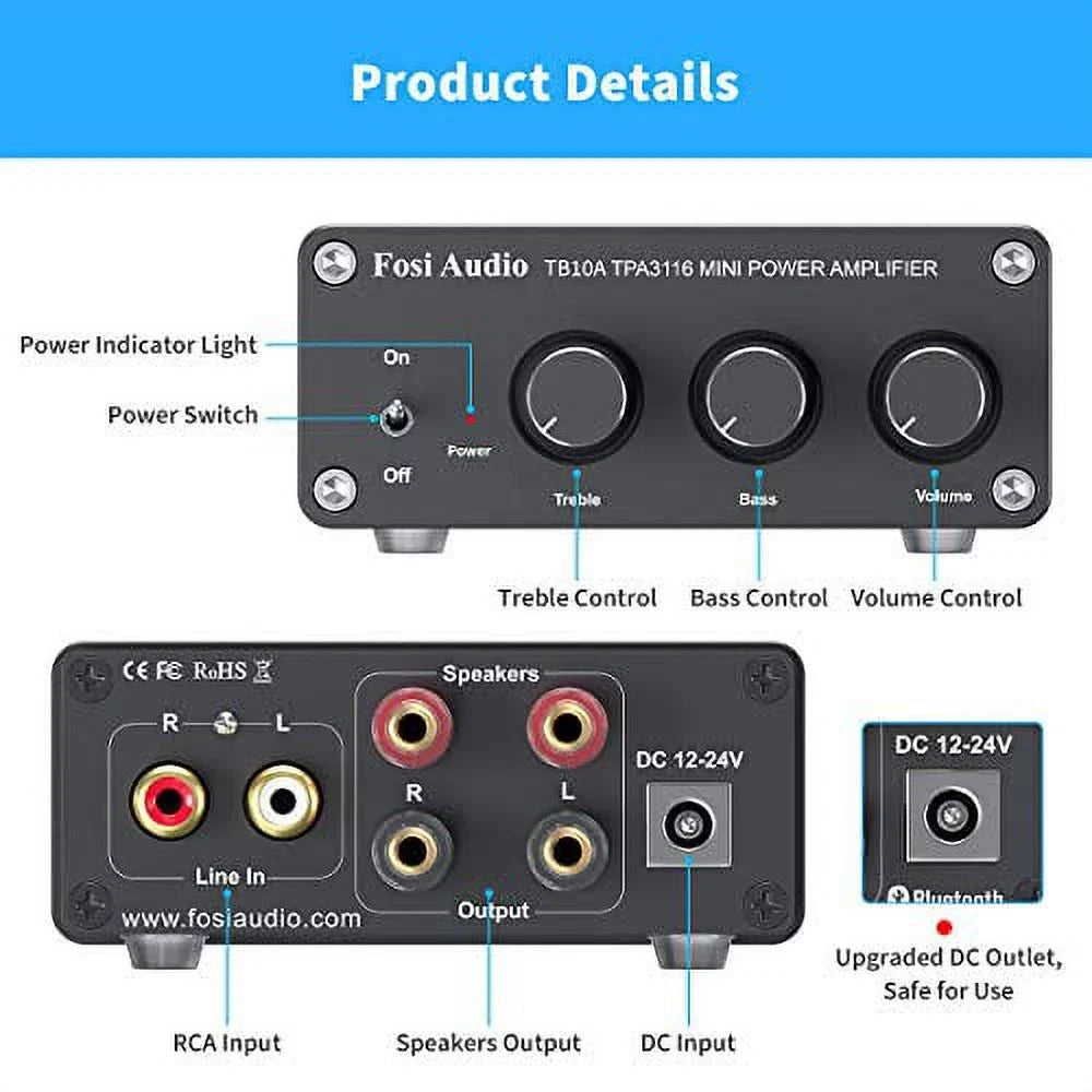 TPA3116(with Mini Class Control Amplifier Stereo and for Bass Audio Speakers Fosi Amp D Integrated 2 Home Channel - 2 Receiver 2.0CH TB10A Audio with Supply) Power 100W Treble Hi-Fi x
